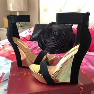 Brand New Black and Gold Ankle Strap Wedges